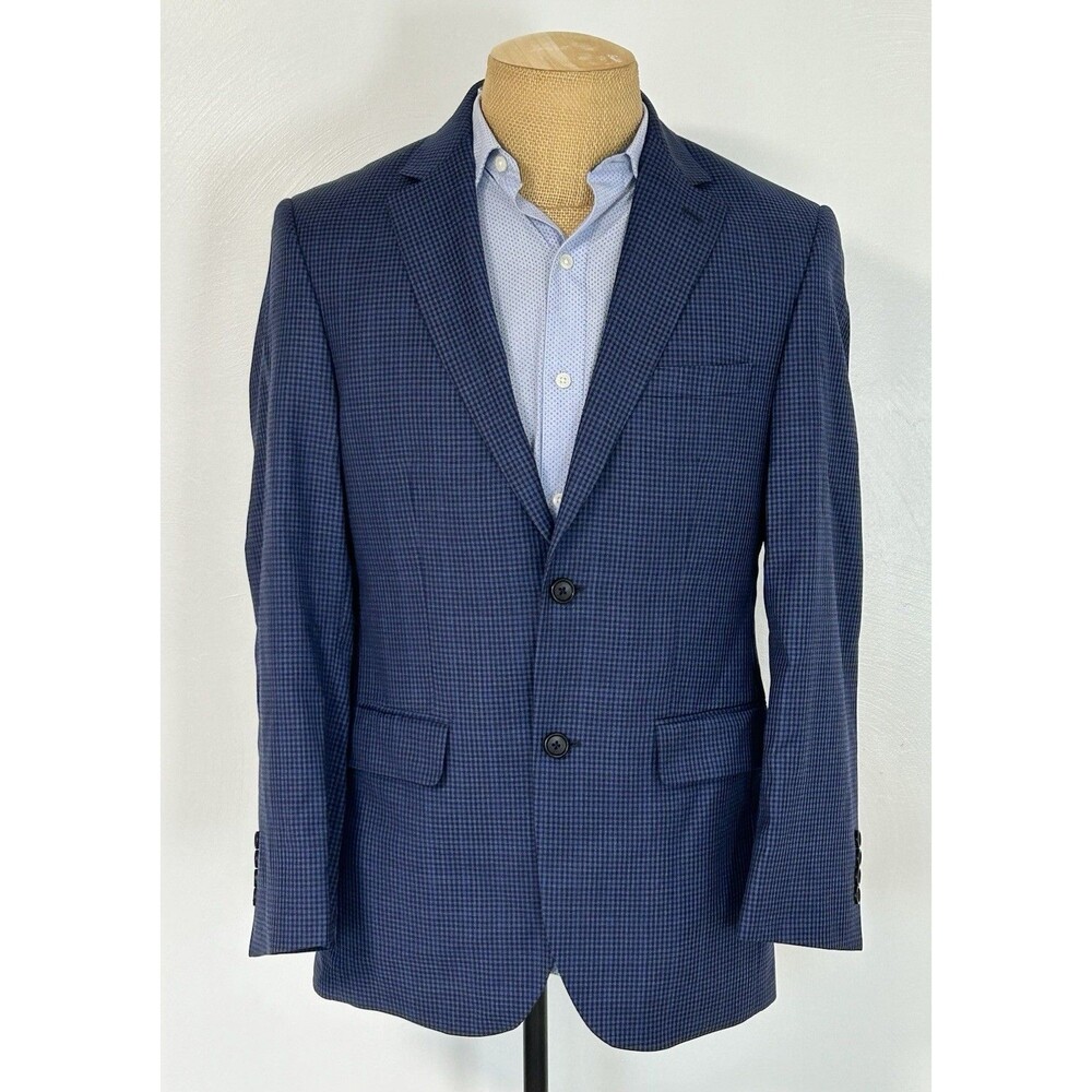 Jos A Bank Sport Coat Blazer 37R Blue Check Plaid 100% Wool Tailored Fit